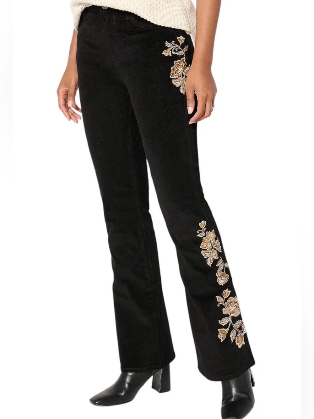 Driftwood Wyatt Black Corduroy Floral Embroidered Flare Pants W20 L32 NWT